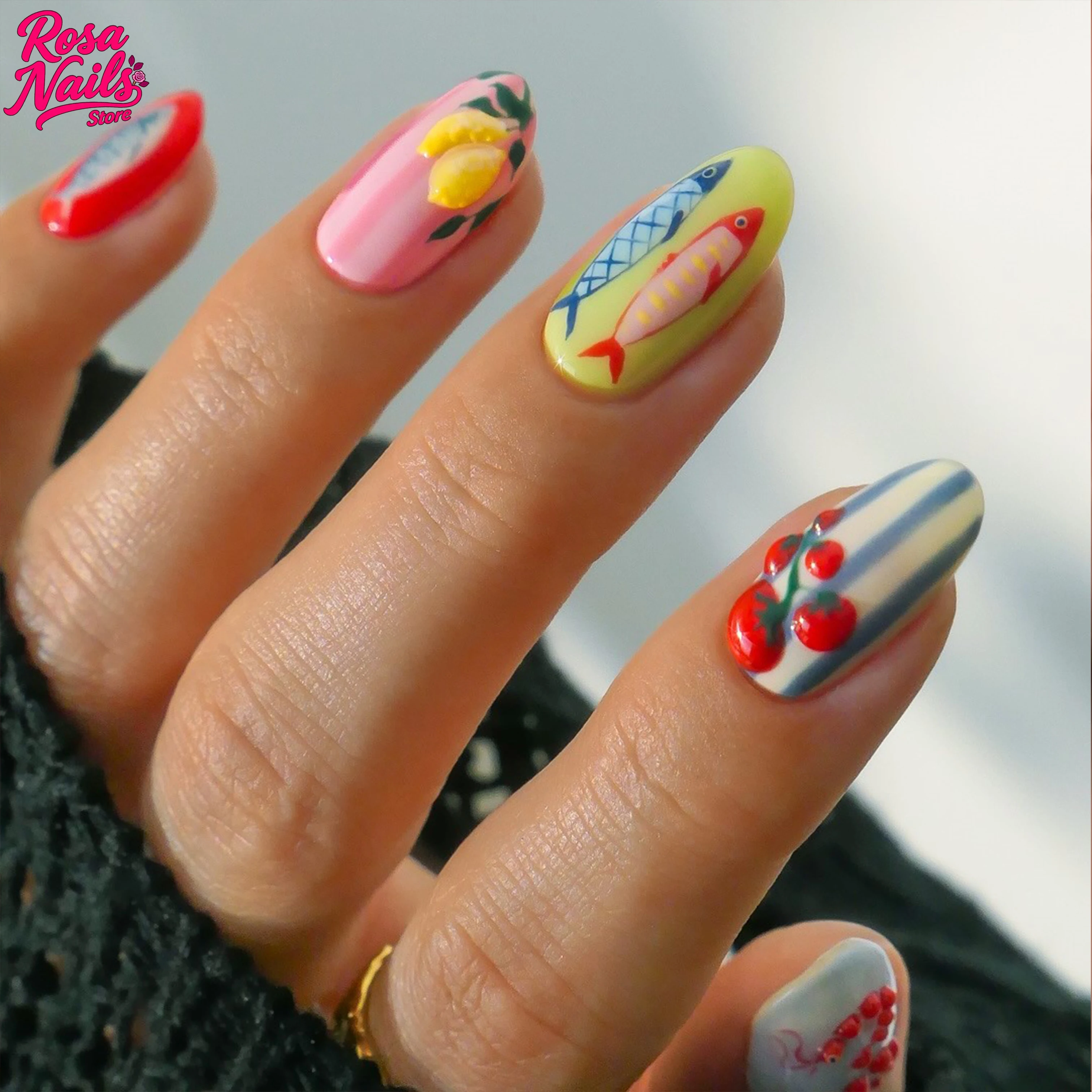 

Hand Painted False Nails Short Summer 3D Lemon Fish Press ons Nail Handmade Vacation Holiday Lobster Stripe Nail Press on Nails