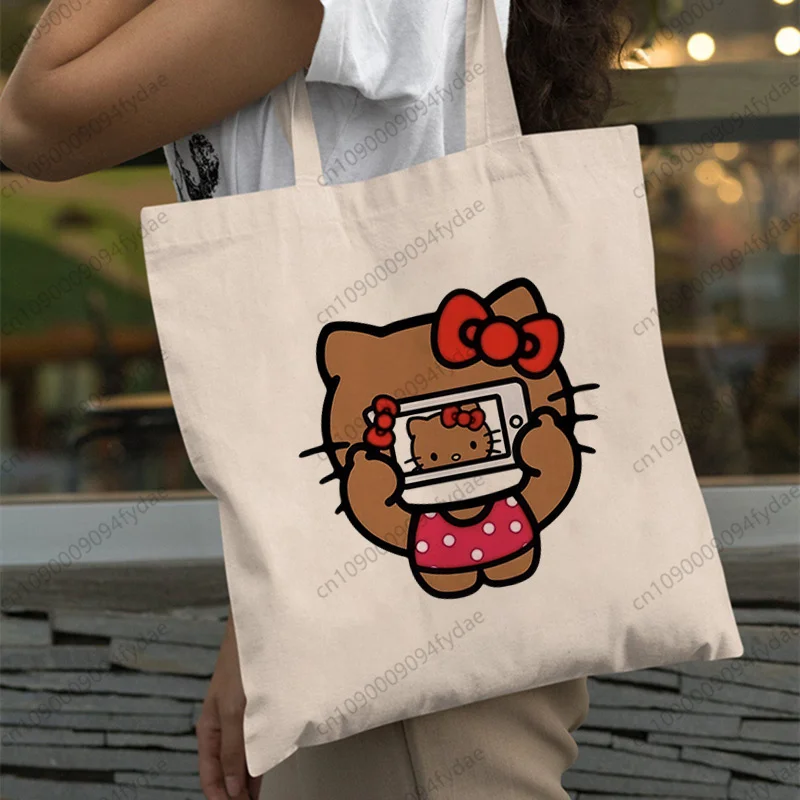 

Сумка для покупок с принтом Hello Kitty, забавная, милая, белая, унисекс, модная, дорожная, холщовая сумка