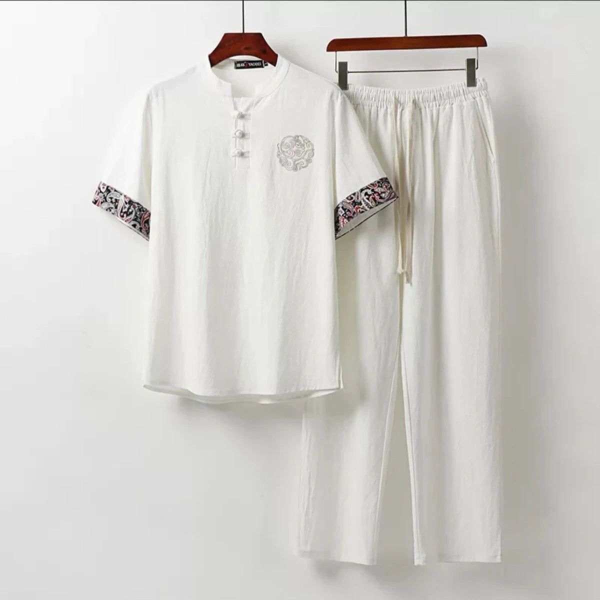 Summer plus Size Men's Linen Cotton Linen Short Sleeve Buttoned Tang Suit Two-Piece Set Fat Men's Hanfu Casual Pure Color