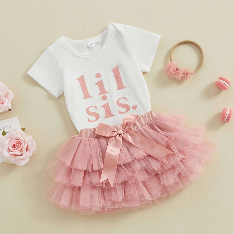 

Infant Baby Girl Short Sleeve Letter Print Romper + Elastic Waist Mesh Skirt + 3D Flower Headband 3 Piece Summer Clothes Set