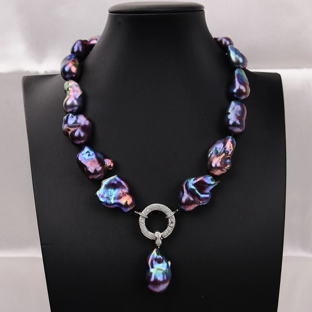 

GG 19" Natural Peacock Blue Black Baroque Keshi Pearl Necklace CZ Pendant Handmade For Women