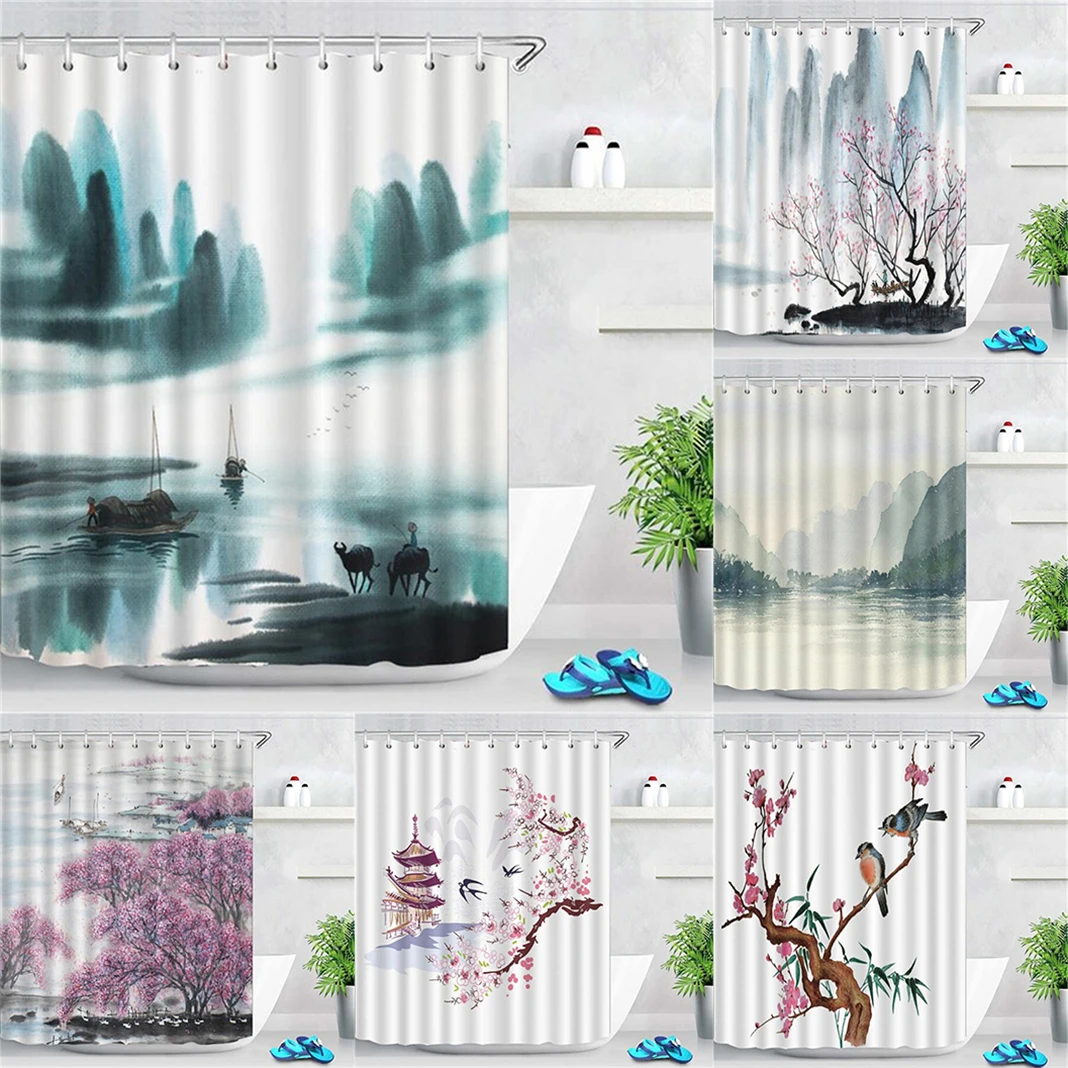 

Natural Scenery Style Opaque Curtains Shower Bathroom Curtain Landscape Pattern Bathroom Accessories Waterproof Showers Curtains