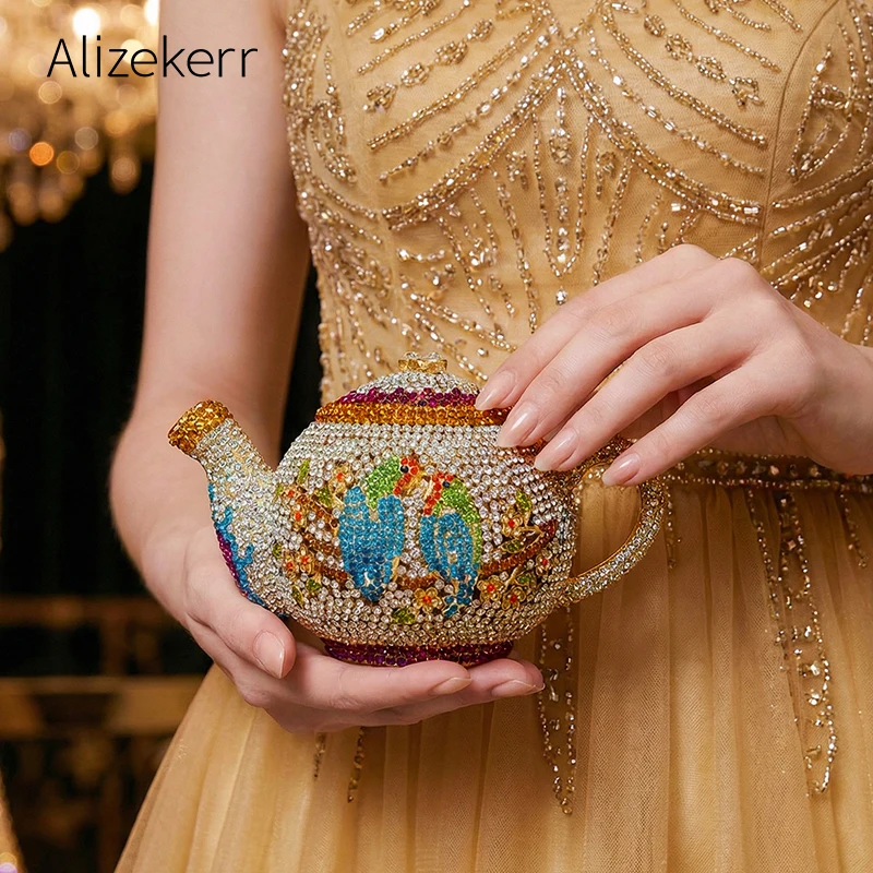 

Вечерние сумки Alizekerr в форме чайника из хрусталя, женские бутик-клатчи с металлическими стразами, уникальные дамские сумочки для свадьбы и вечеринок