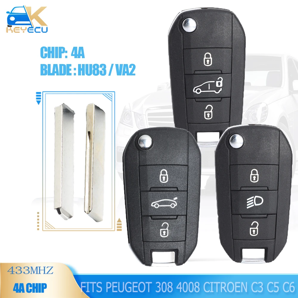 KEYECU 433MHz 4A Chip for Peugeot 308 4008 for Citroen Aircross C3 C5 C6 Flip Remote Key Fob 3 Button HU83/ VA2 Blade