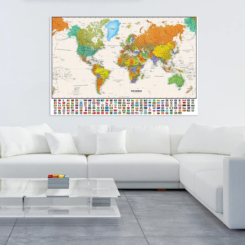 The World Map with Flag for Education Non-woven Spray Decorative Hanging Picture Painting Home School Supplies 150x100cm