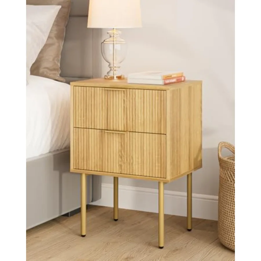 

Night Stand Mid-Century Modern Bedside Table with 2 Storage Drawers Small Gold Frame Side End Table for Bedroom Living Room Nat