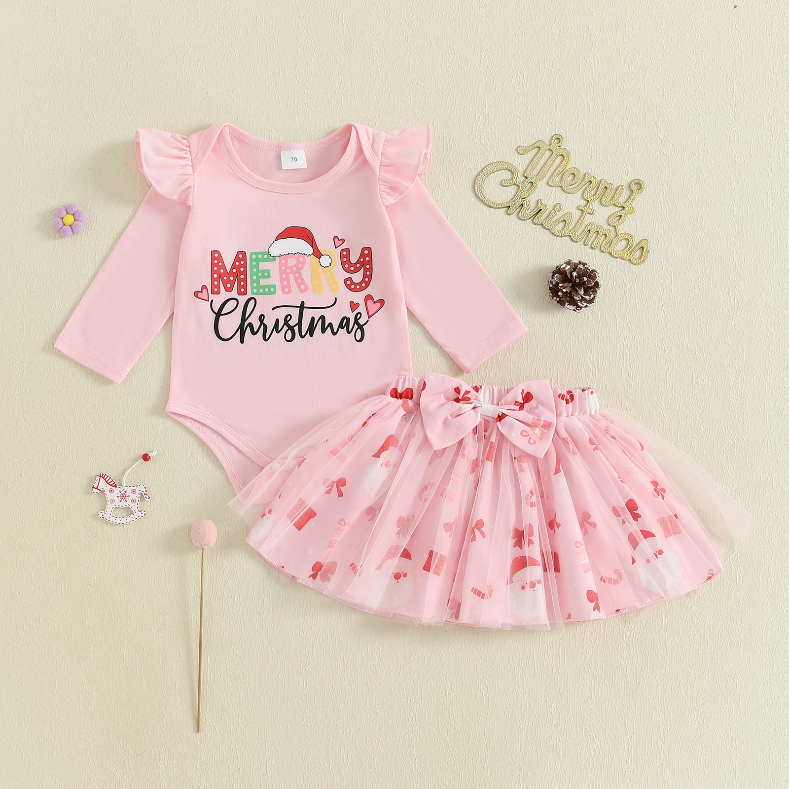 

VISgogo 0-18 Months Baby Girl Christmas Outfits Long Sleeve Letter Print Romper Bow Tulle Skirt Set Infant Clothes