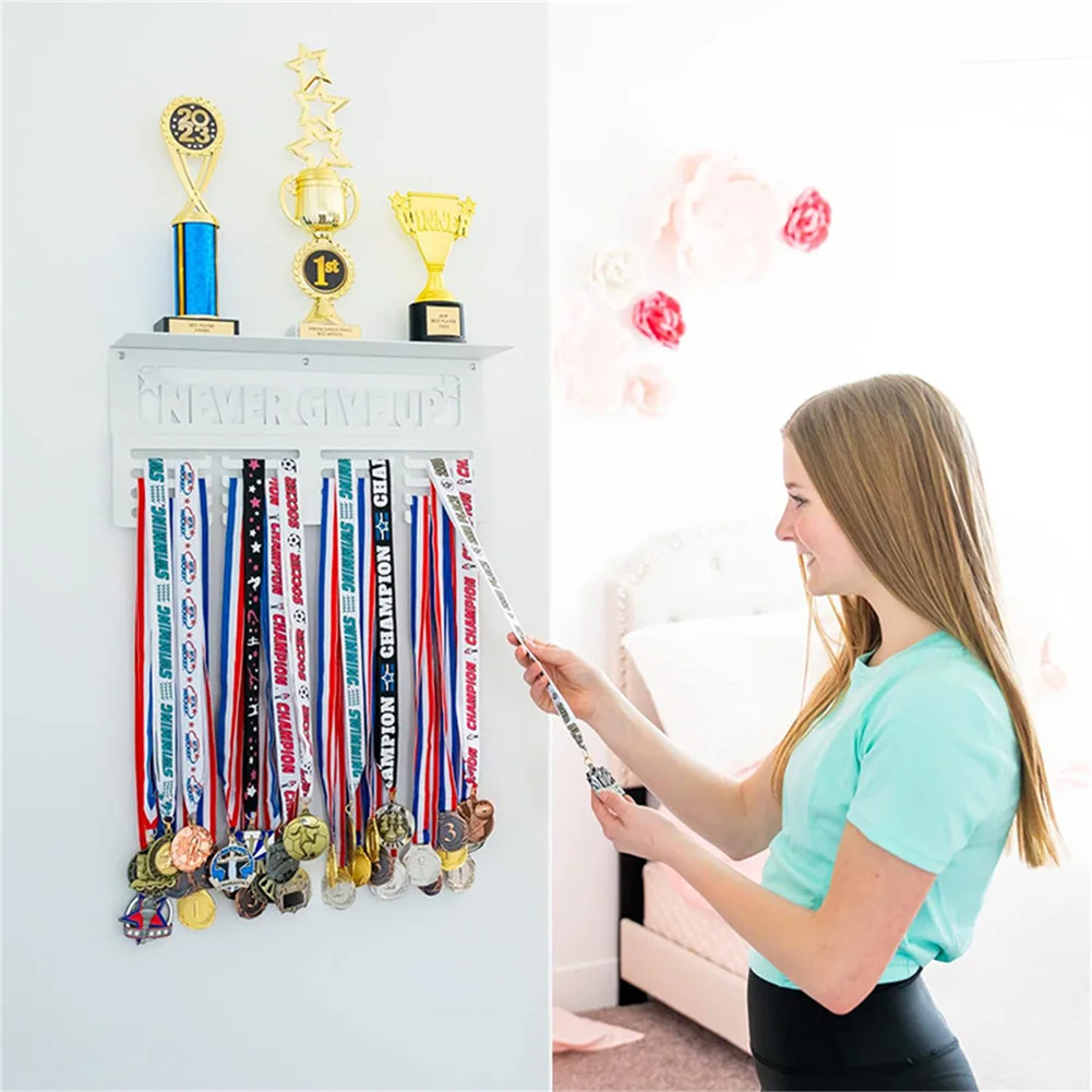 Medal Hanger Display With Shelf Never Give Up Medal Awards Rack For Walls Holds 64+ Sports Medals For Gymanstics Swim