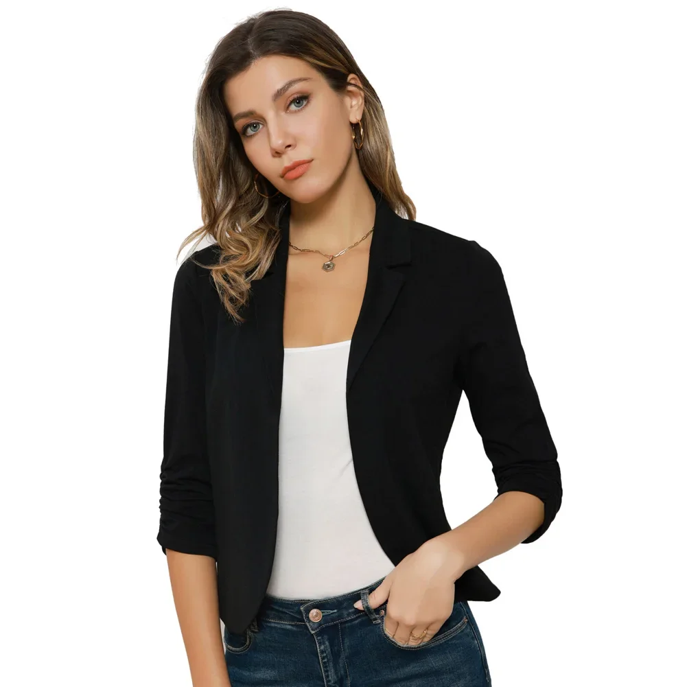 GK Women Open Front Blazer Coat Casual 3/4 Sleeve Folding Notch Lapel Coat Slim Fit Business Office Lady Causal Solid Blazers