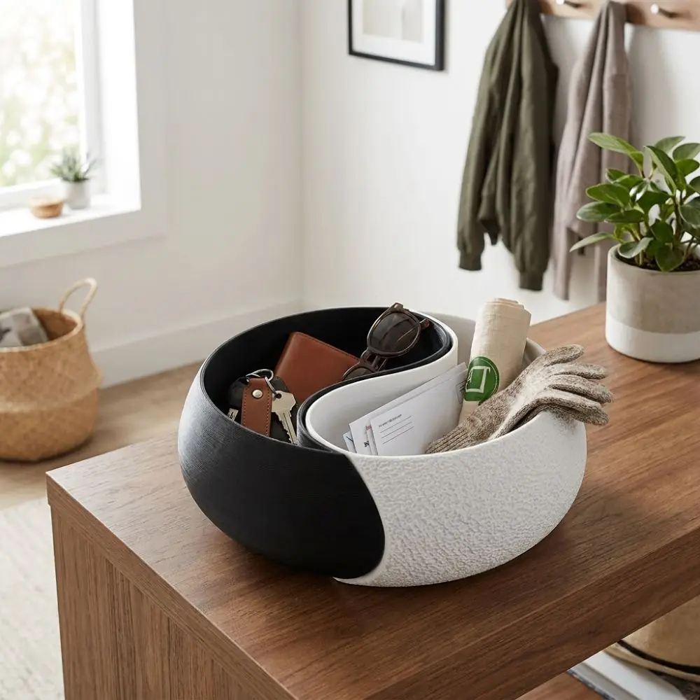 3D Printed Black and White Storage Bowl Layered Design Yin and Yang Trinket Dish Flat Bottom Smooth Jewelry Tray