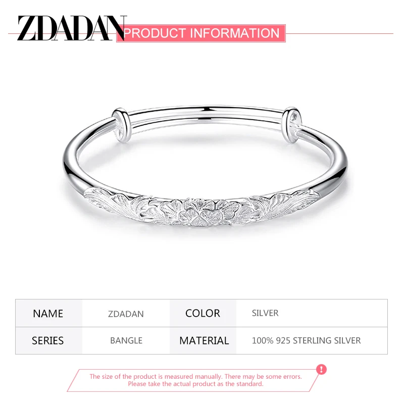 ZDADAN 925 Silver Adjustable Bracelet Bangle For Women Wedding Fashion Jewelry