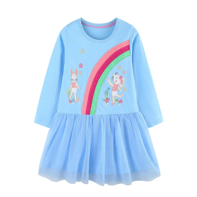 

Jumping Meters 2-7T Mouse Embroidery Long Sleeve Girls Dresses Children's Autumn Spring Kids Clothes Birthday Toddler Frocks