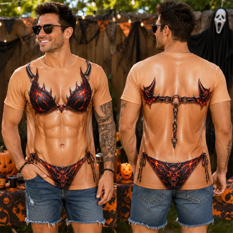 Mens Women Halloween Humor T‑Shirt Realistic Fake Bikini Printed Short Sleeve Tee Novelty Cosplay Outfit For Holiday Gathering