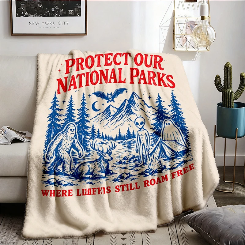 Cryptid National Parks Flannel Blanket, 90s Protect Our Parks Vintage Camping Flannel Throw, Retro Wanderlust Cropped