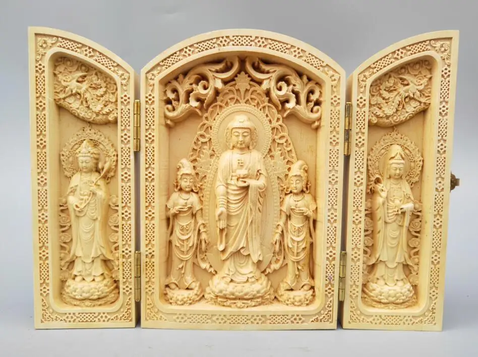 Chinese Boxwood carving Sakyamuni Guanyin bodhisattva Buddha statue Folding box