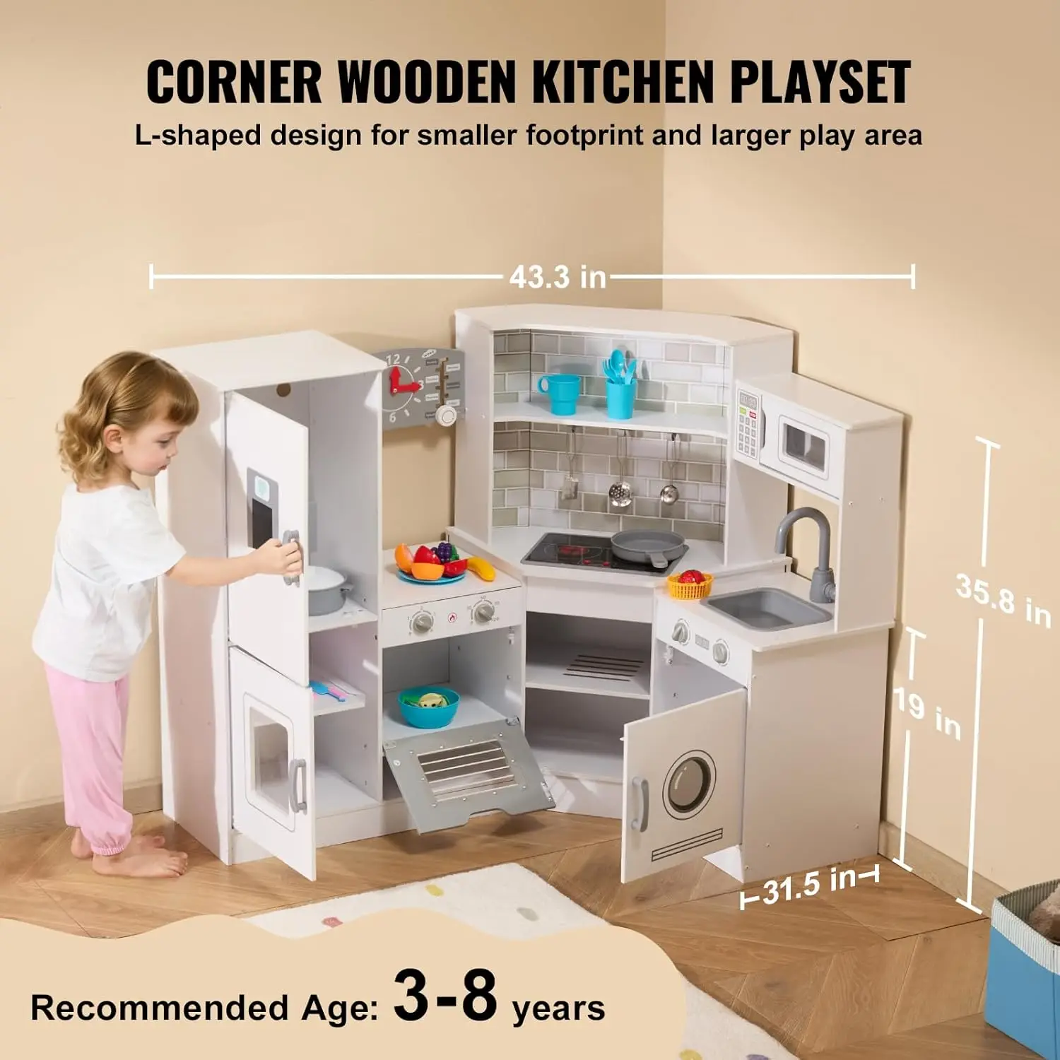 Corner Wooden Play Kitchen, Toy Set with Lights and Sounds, Toddler Kitchen with Ice Maker, Oven, Sink, Clock, Microwaves, Refri