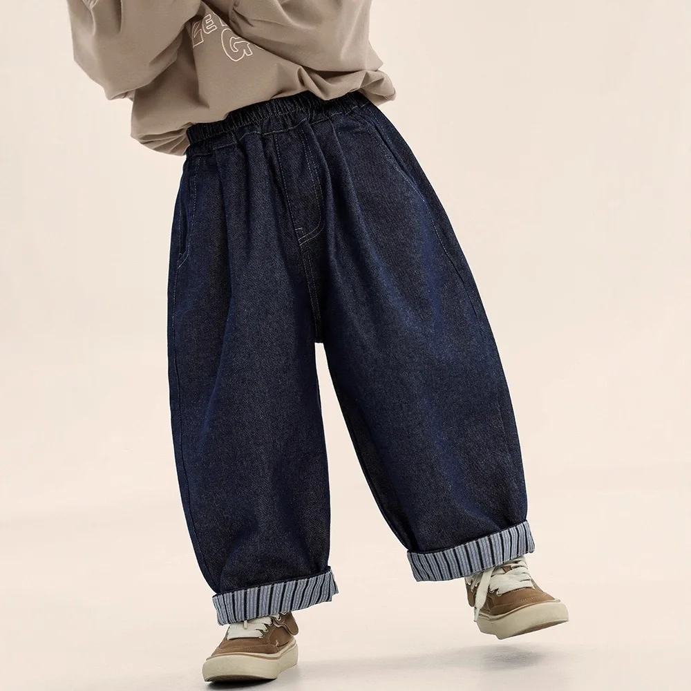 2026 Children's Pants Spring New Boys' Korean Japanese Stye Kids Striped Pocket Patch Loose Straight Leg Baby Jeans