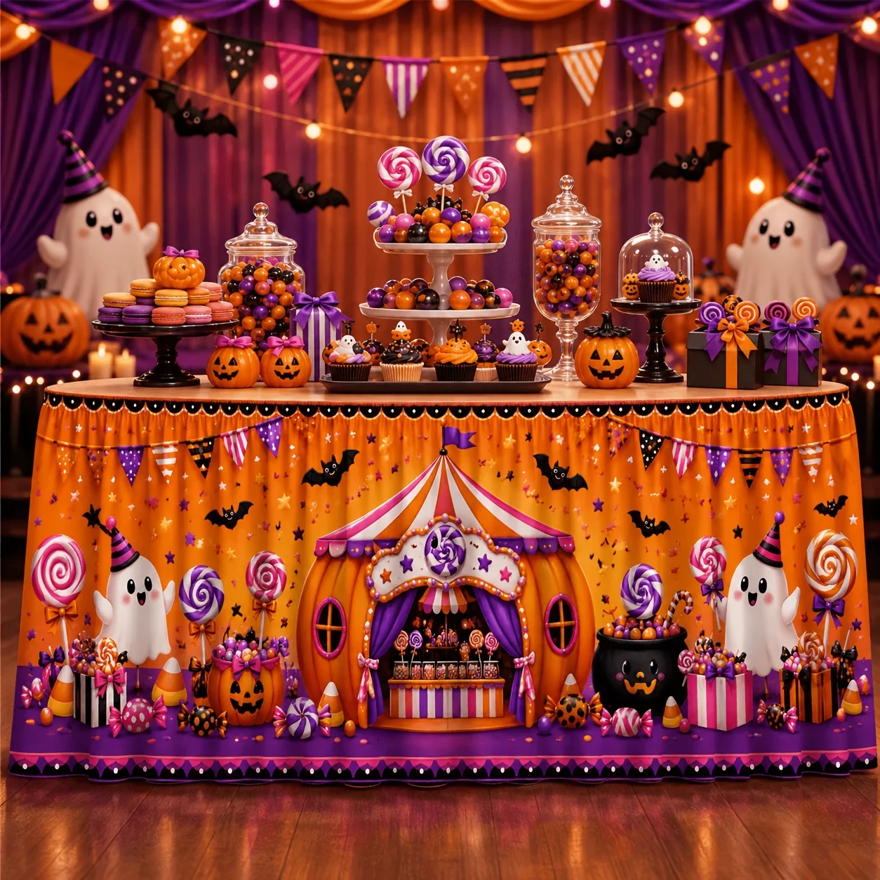 One tablecloth or table skirt - Polyester - Cute Halloween pumpkin candy stand ghost pot stick - yzb
