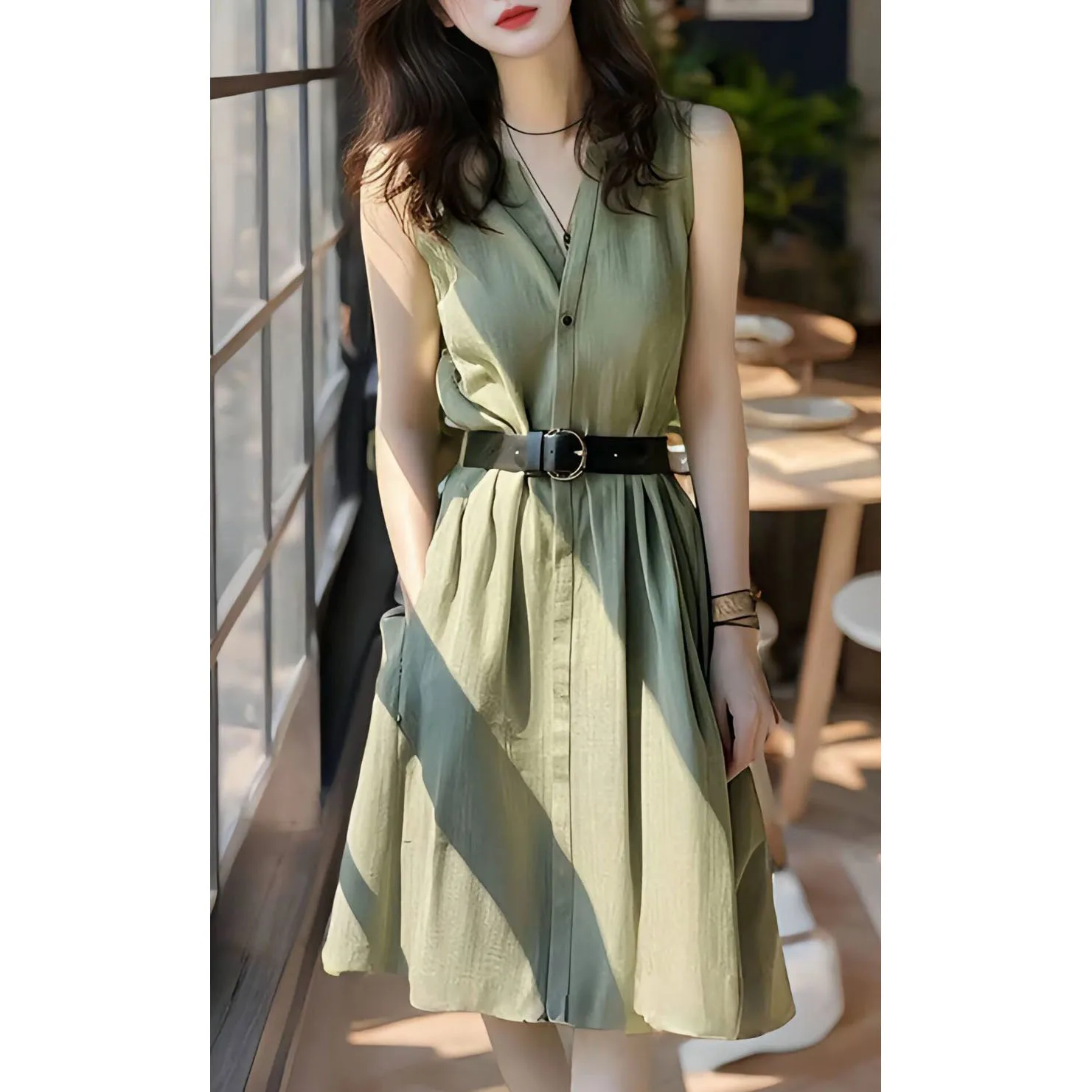 レディースミリタリーグリーンドレス 2025 夏新ライト高級ハイエンド A ラインベルトドレス薄型人気のノースリーブサスペンダー Vestidos