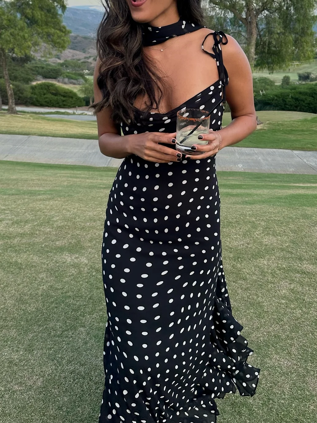 Sexy Club Fashion Women Dress Polka Dot Sleeveless Scarf Neck Backless Zipper Long Ruffle Dress New Fashion 2025 Summer Dress