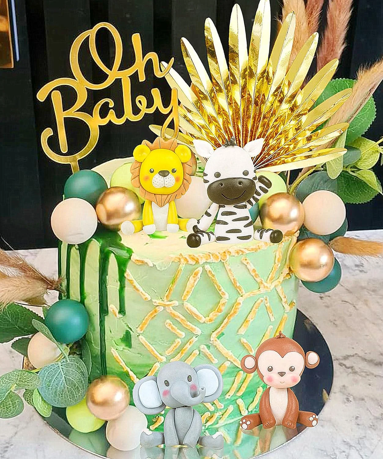 19pcs Elephant Lion Monkey Zebra Cake Topper Green Gold Cake topper Balls for Jungle Theme Birthday Party Baby Shower Decoration - view 4