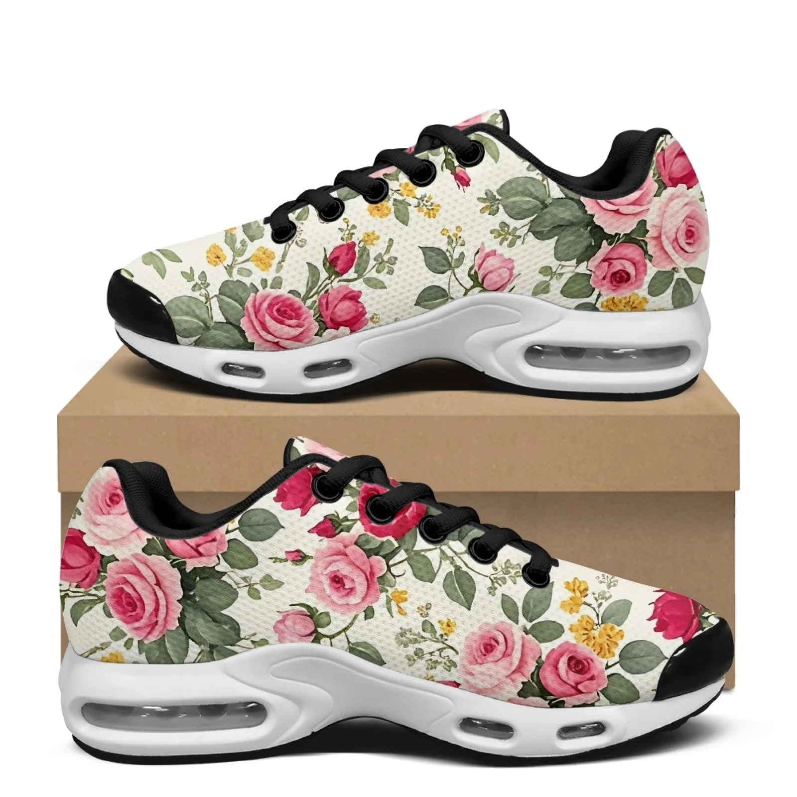 PENSTROLL Vintage Rose Floral Print Air Cushion Walking Sneakers Breathable Mesh Cross Trainers for Casual Wear and Gym Training