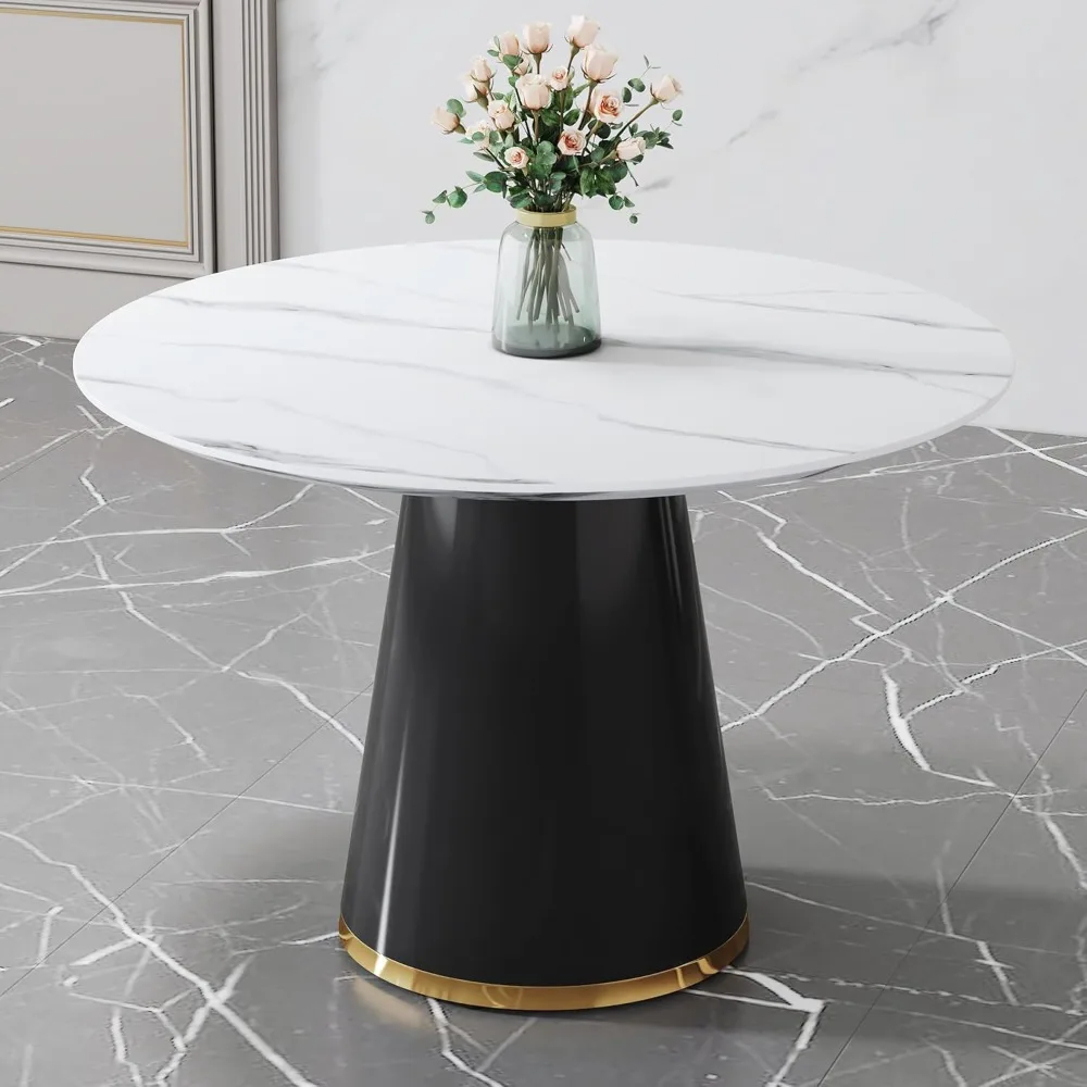 45" Round Dining Table for 4,White Marble Dining Room Table,Modern Round Dinner Table,Small Round Dining Table with Pedestal