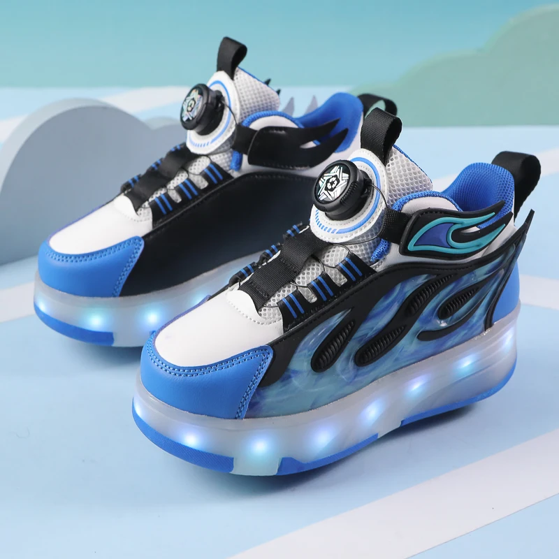 

Kids LED Lights Roller Skate Shoes Parkour Sneakers Running Rotation Button With 4 Wheels Detachable Invisible Roller Skates