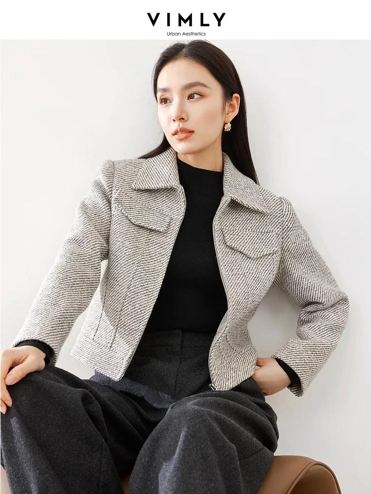 Vimly Lapel Zip Up Quilted Woolen Coat Women 2023 Winter Warm Cropped Padded Wool Coats Female Elegant Jackets Overcoats M5156