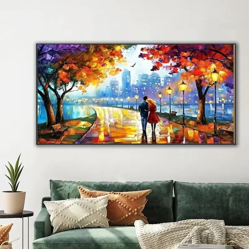 Large-sized 1pc Lovers Walking along City Riverside Autumn Road Unframed Canvas Wall Art Colorful Street-Lamp Landscape Print