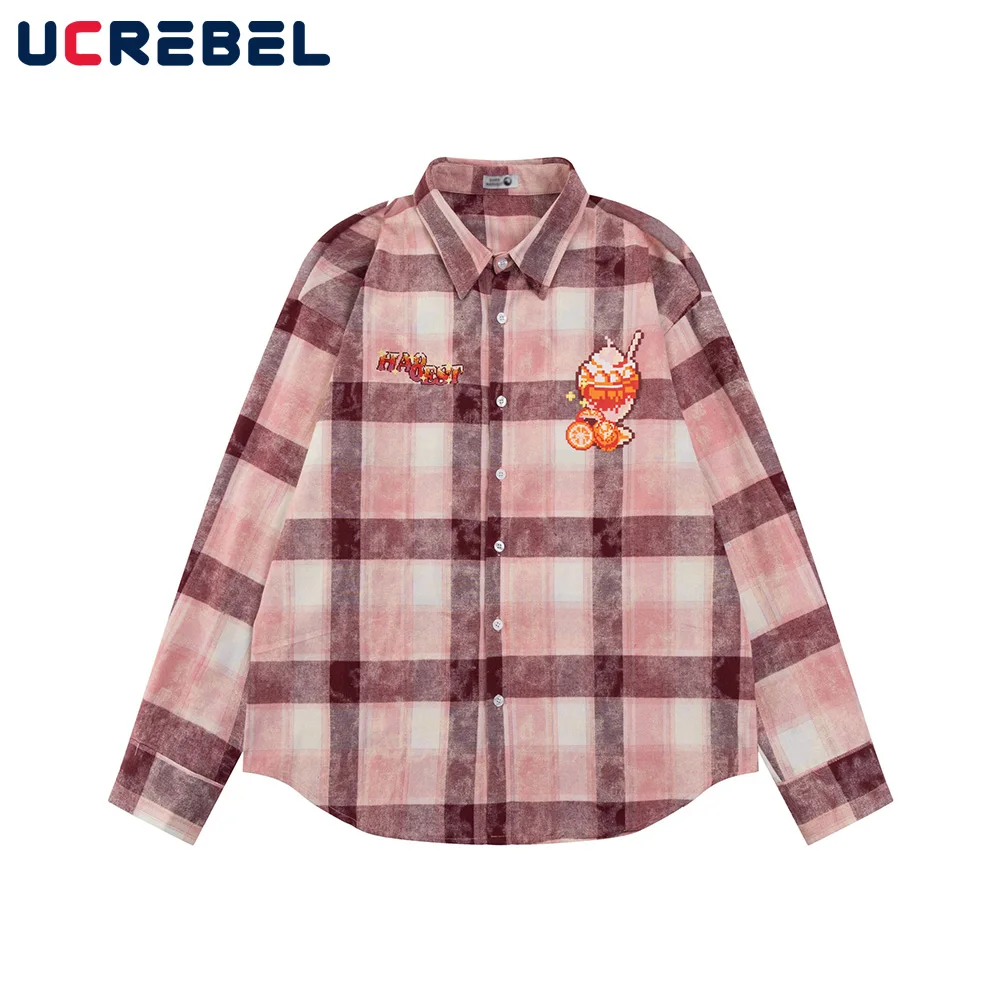 Pixel Letter Print Plaid Shirts Mens Spring High Street Single Breasted Lapel Long Sleeve curved hem Shirts Men