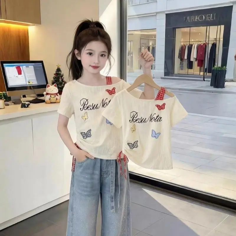 Girls Summer Butterfly Print Irregular Slanted Shoulder Short Sleeved T-shirt Girls Stylish Versatile Sweet and Cool Top