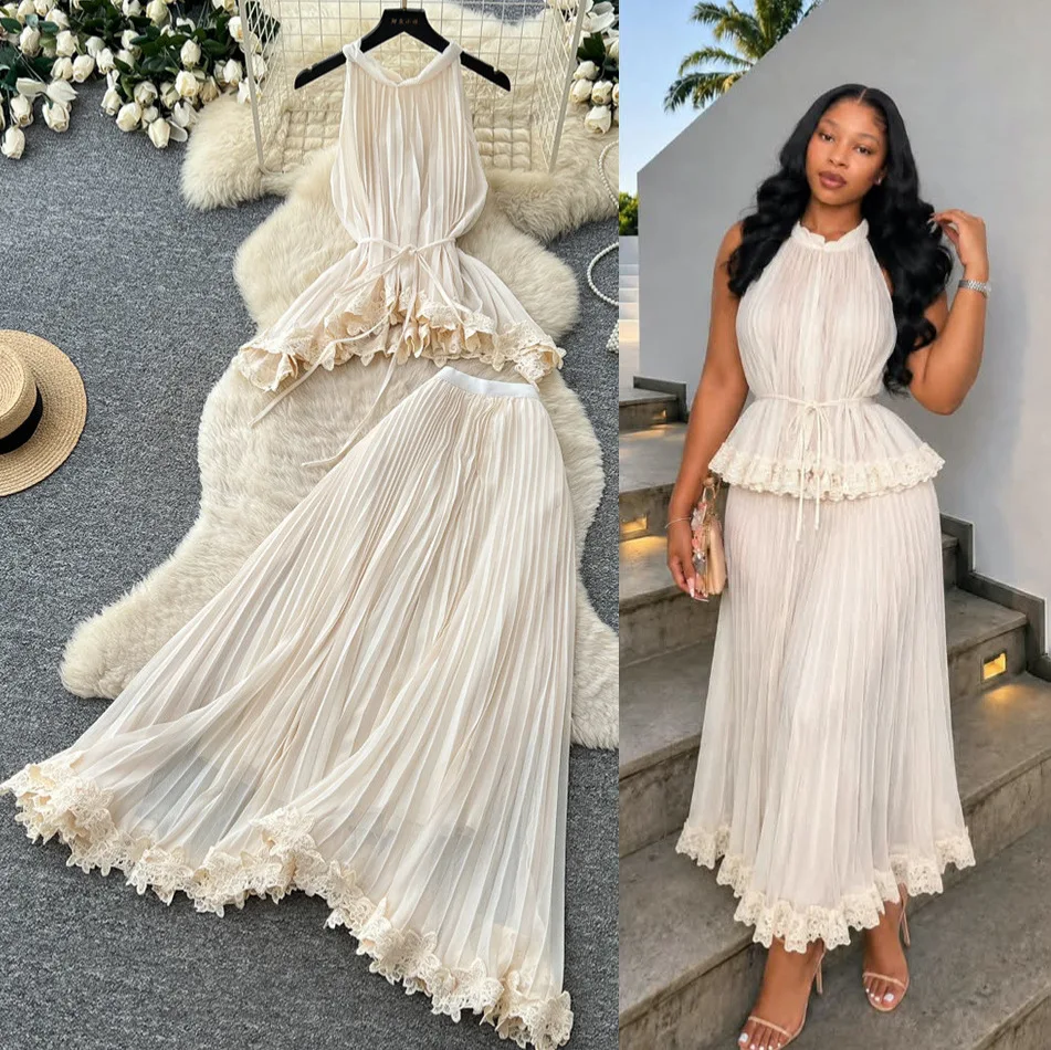 French-style Gentle White Sleeveless Pleated Clothes For Women, Summary Lace-trimmed Elegant And Stiglich Workwear Set Femme
