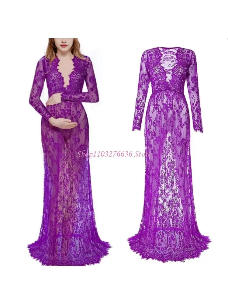 R6FD Wedding Ready Maternity Gown Long Sleeve V Neck Sheer Lace Bodycon Train Detail
