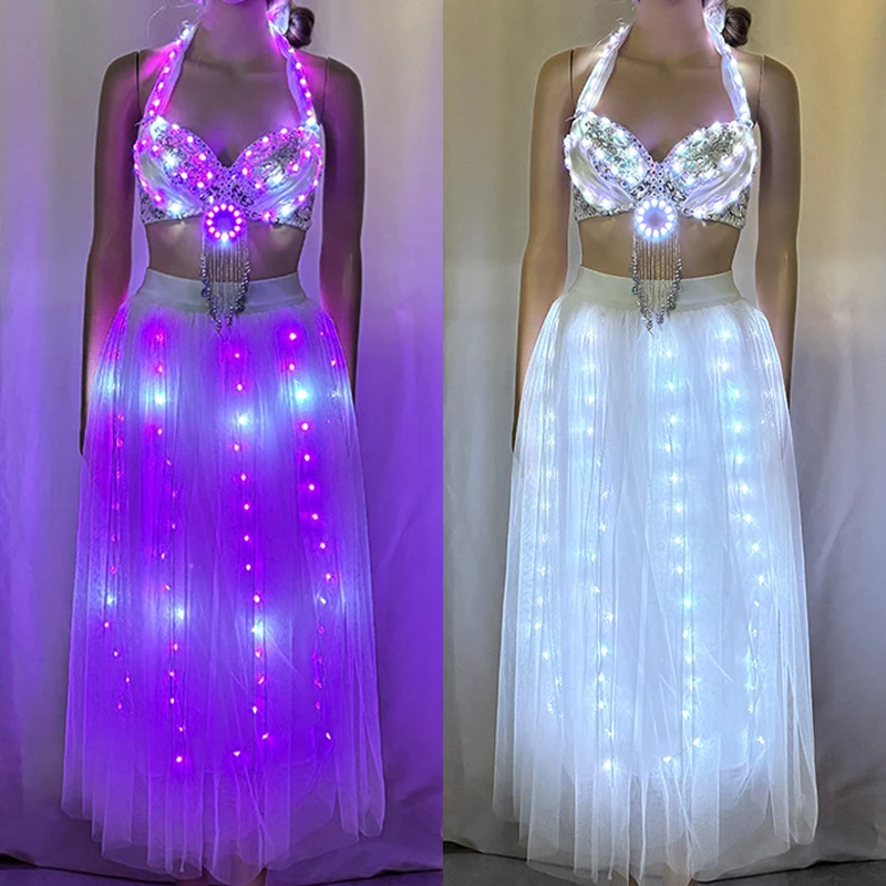 

Красочные светодиодные фонари, женская юбка для танца живота, бюстгальтер, сексуальный женский костюм, одежда для танца живота, одежда для танцев, костюм для ночного клуба