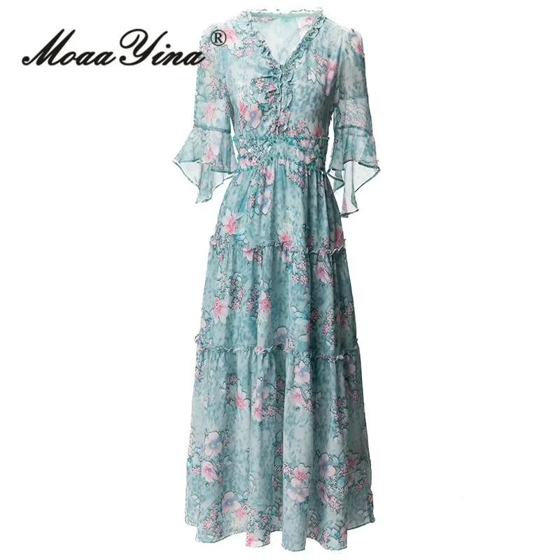 

MoaaYina Summer High Quality New Arrivals Women Dress Bohemian Floral Print Beading Ruffles Ruffles Elegant Flare Sleeve Dresses