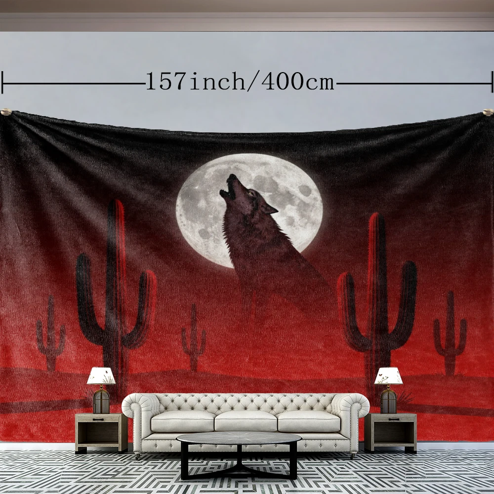 Red Full Moon Howling Wolf Desert Cactus Wall Tapestry, Southwestern Decor