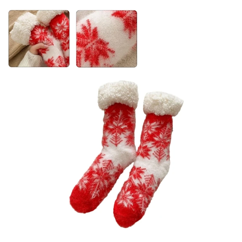 Womens Winter Warm Fuzzy Slipper Socks Christmas Snowflake Pattern Fleece Lined Socks Non-Slip Plush Socks with Grippers