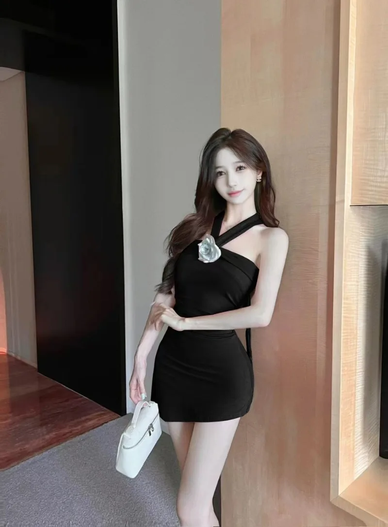 Sweet Celebrity Hanging Neck Flower Hip Wrap Dress Women Irregular Shirring Backless Collarbone Sleeveless Solid Slim Spicy Wear