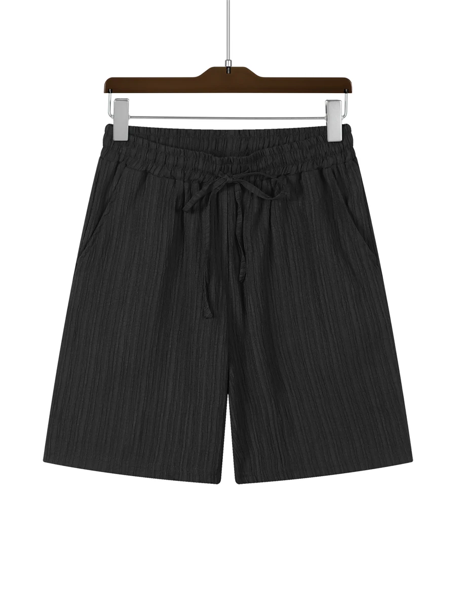 Summer new fashion casual shorts solid color texture small pockets loose men's drawstring beach pants