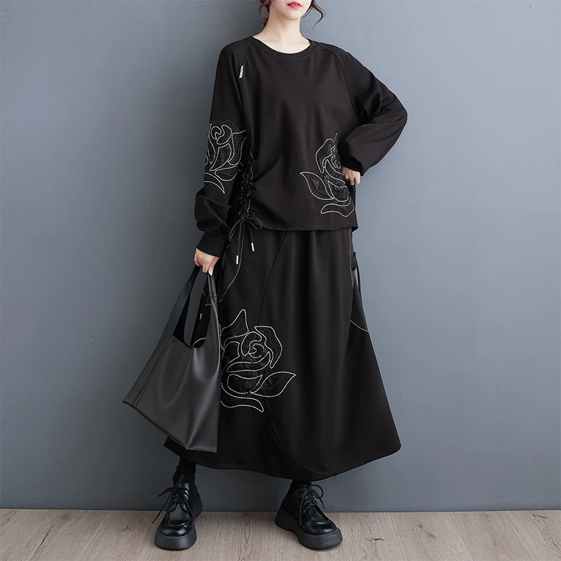 Bla-Conjunto de falda y Top bordado Retro, traje de dos piezas con costura de flores 3D, corte holgado, otoño e invierno