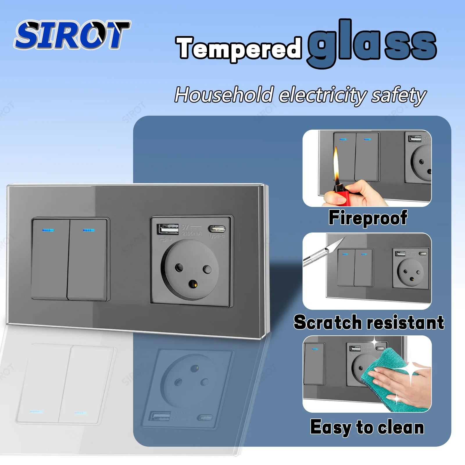 SIROT Israel Wall Power Switch Socket 16A, Grey Crystal Glass Panel USB Type C Electrical Outlet for Israeli Home Bedroom Office view 3