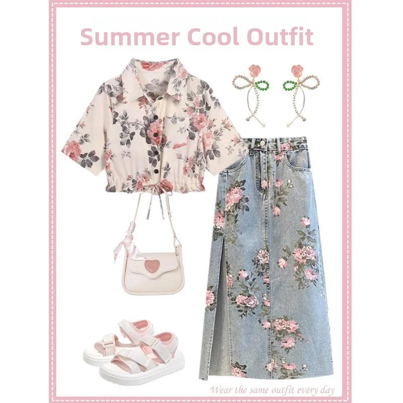 Summer Salt Series Street Sle  ort Floral Top Slimming Denim  Skirt Two Piece Set Women's Faion Ensemble
