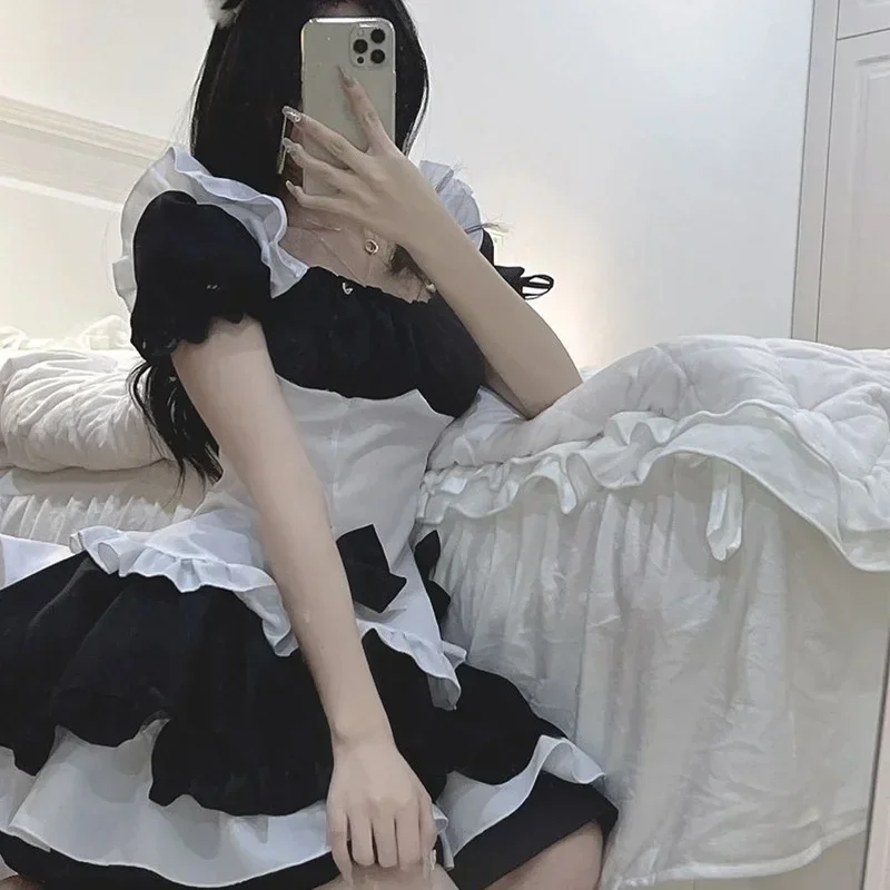 أزياء لوليتا للخادمة تنكرية ، مريلة سوداء وبيضاء ، فستان هالوين ، ملابس حفلة مسرحية ، ملابس داخلية مثيرة ، ملابس داخلية