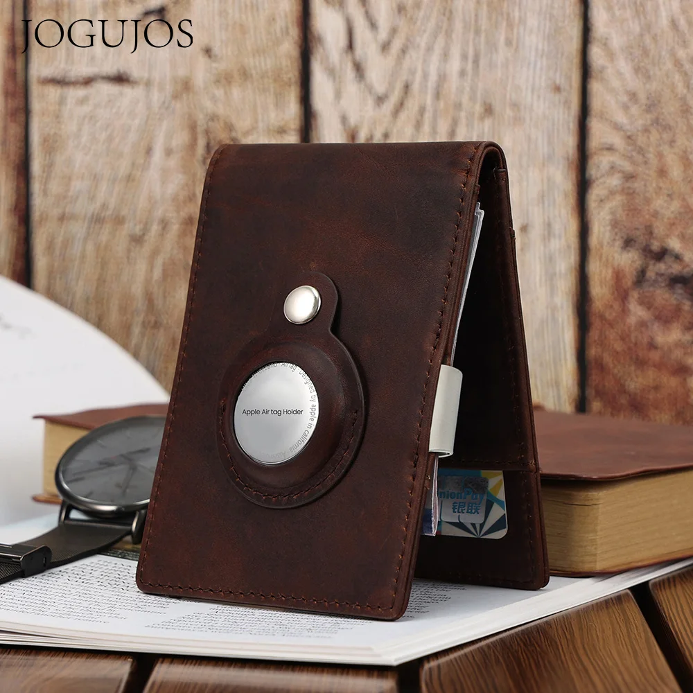 

JOGUJOS Genuine Leather Small RFID Wallets for AirTag Men Women Wallets Money Clip Card Holder for Apple Air Tag Purses Wallet