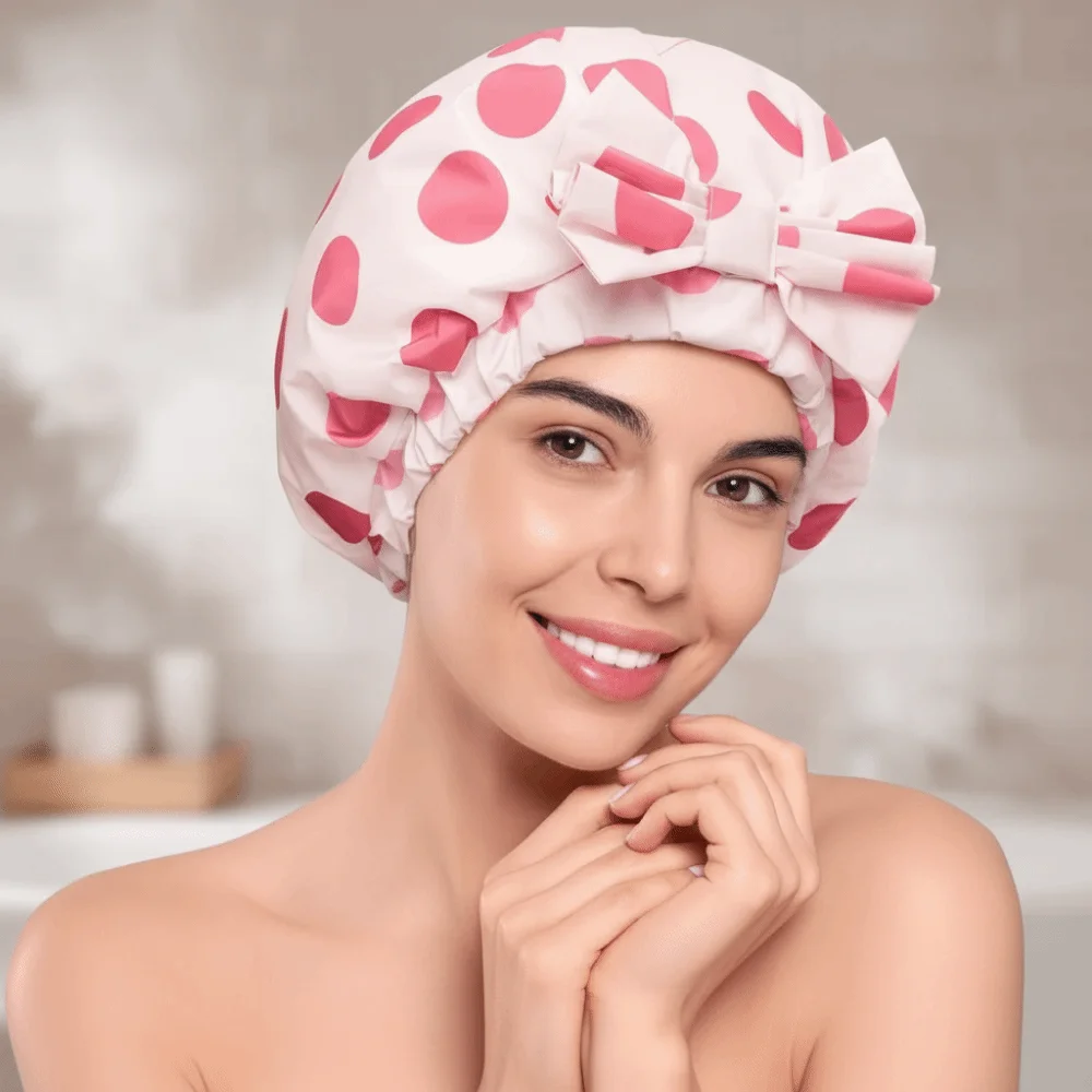 

Waterproof Double-layer Bath Cap Polka Dots Reusable Printed Bonnet Soft Comfortable Hair Care Hat Shower Protection