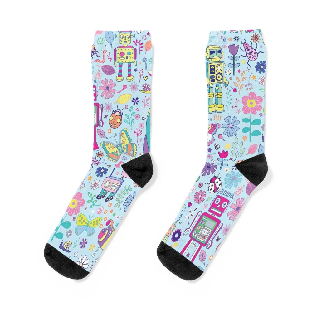Electric Dreams - fun floral robot pattern by Cecca Designs Socks with print hockey valentine gift ideas Men's Socks Women's