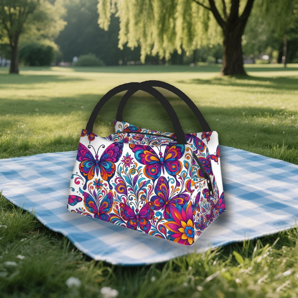 Colorful Butterfly Lunch Bag Insulated Reusable Oxford Tote with Zipper for Office Picnic Travel Work Meal Container