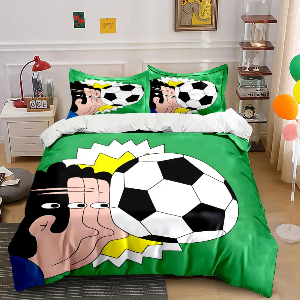 Funny Minimal Cartoon Soccer Header Player Bedding Set 3pcs, Green Background Comic Football Print Boys Bedroom Duvet Cover,Gift