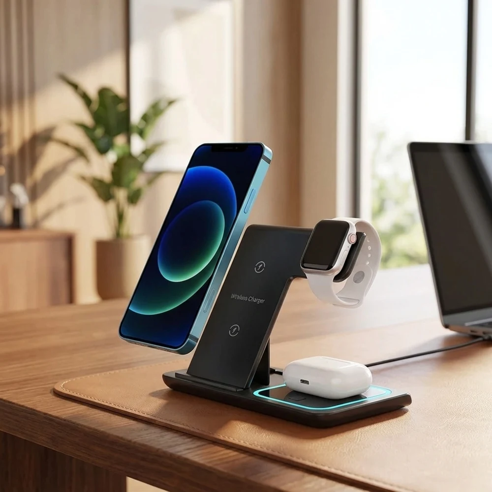 3-in-1 Foldable Wireless Charging Station 30W Fast Charger Stand Qi2 Certified Compatible with Phones Smart Watches Earbuds Desk